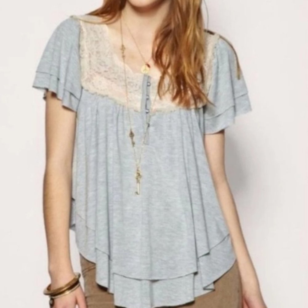 Free People High Low China Stencil Buttons Lace Detail Flowy Blouse - Light Gray